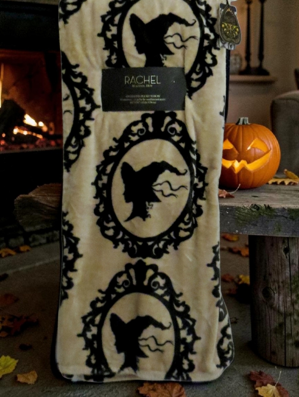 RACHEL Rachel Roy Halloween Witch Silhouette Tan Black Plush Throw Blanket New